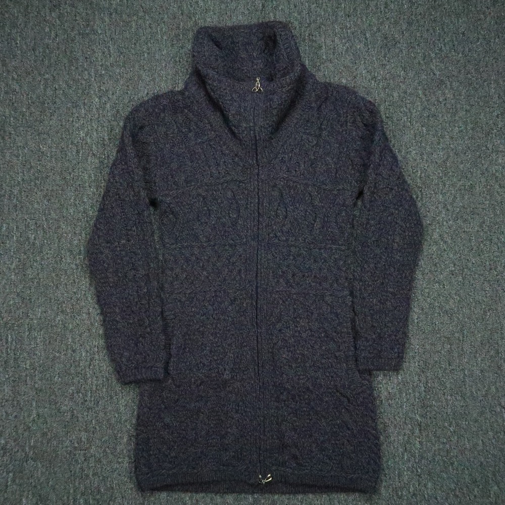 Aran Sweater Market Sweater Women Extra Small Blue Gray Merino Wool Shawl Jacket